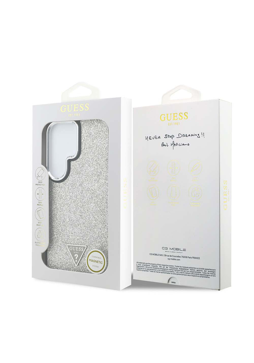 Galaxy S26 Ultra Kılıf Guess Orijinal Lisanslı Manyetik Şarj Uyumlu Metal Kamera Çerçeveli Üçgen Logolu Glitter Kapak