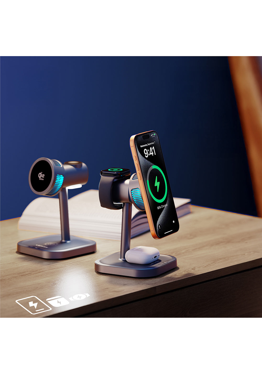 Lenyes PW323 Qi2 Şarj Teknolojili Ambiyans Işıklı Telefon&Akıllı Saat&Kulaklık 25W 3in1 Kablosuz Şarj Standı