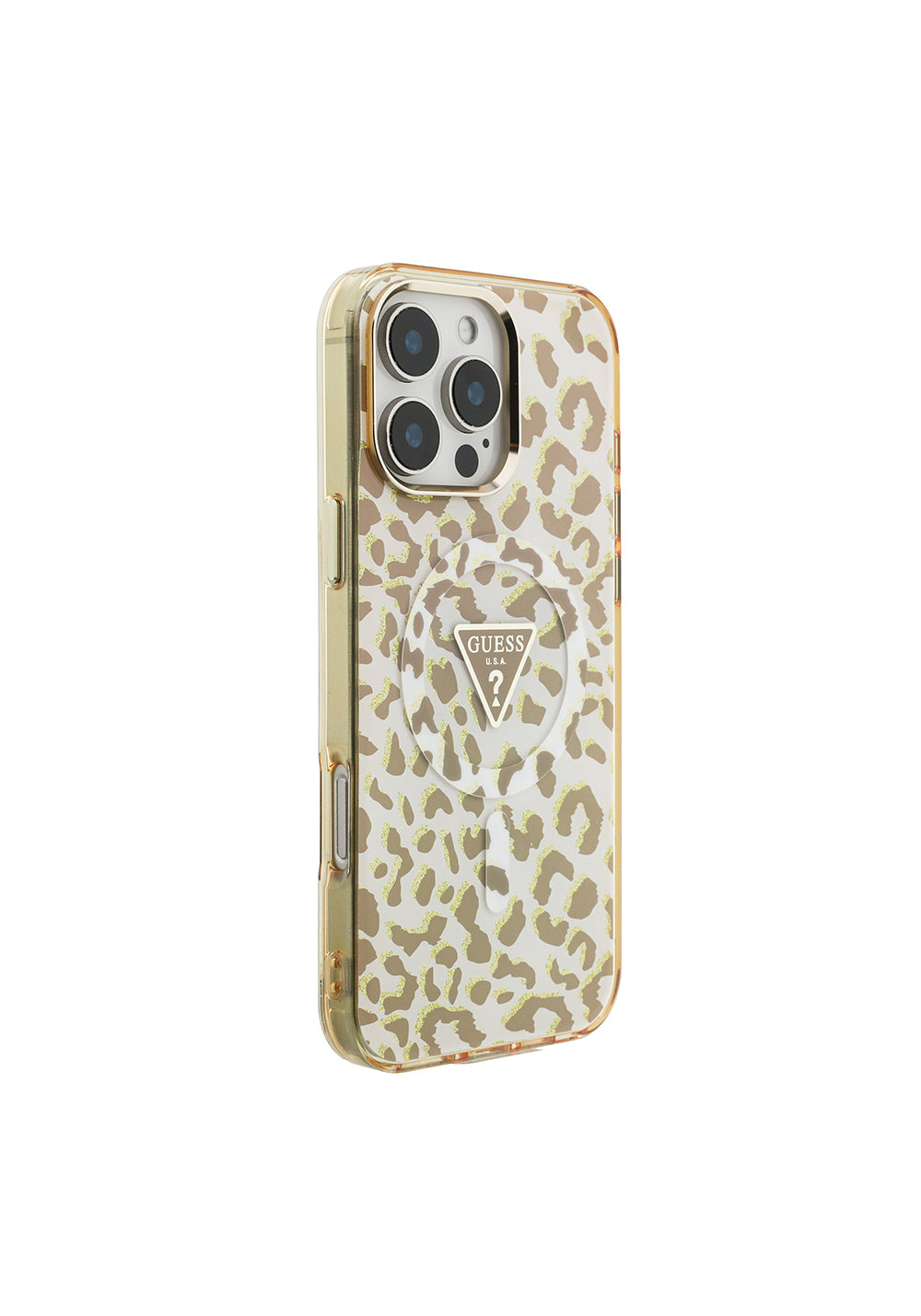Apple iPhone 16 Pro Max Kılıf Guess Orijinal Lisanslı Manyetik Şarj Uyumlu Üçgen Logolu Simli Leopar Desenli Kapak
