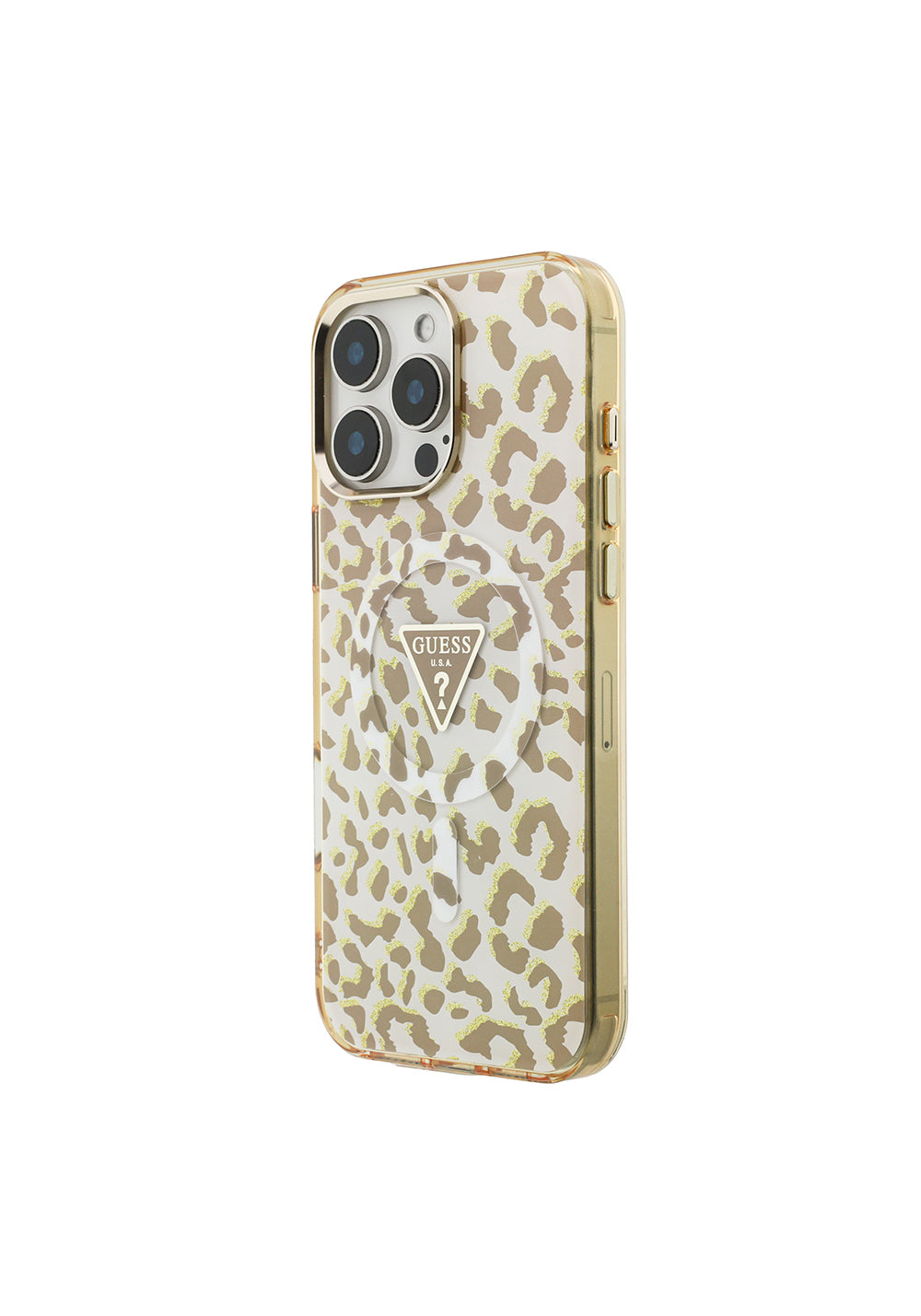 Apple iPhone 16 Pro Max Kılıf Guess Orijinal Lisanslı Manyetik Şarj Uyumlu Üçgen Logolu Simli Leopar Desenli Kapak