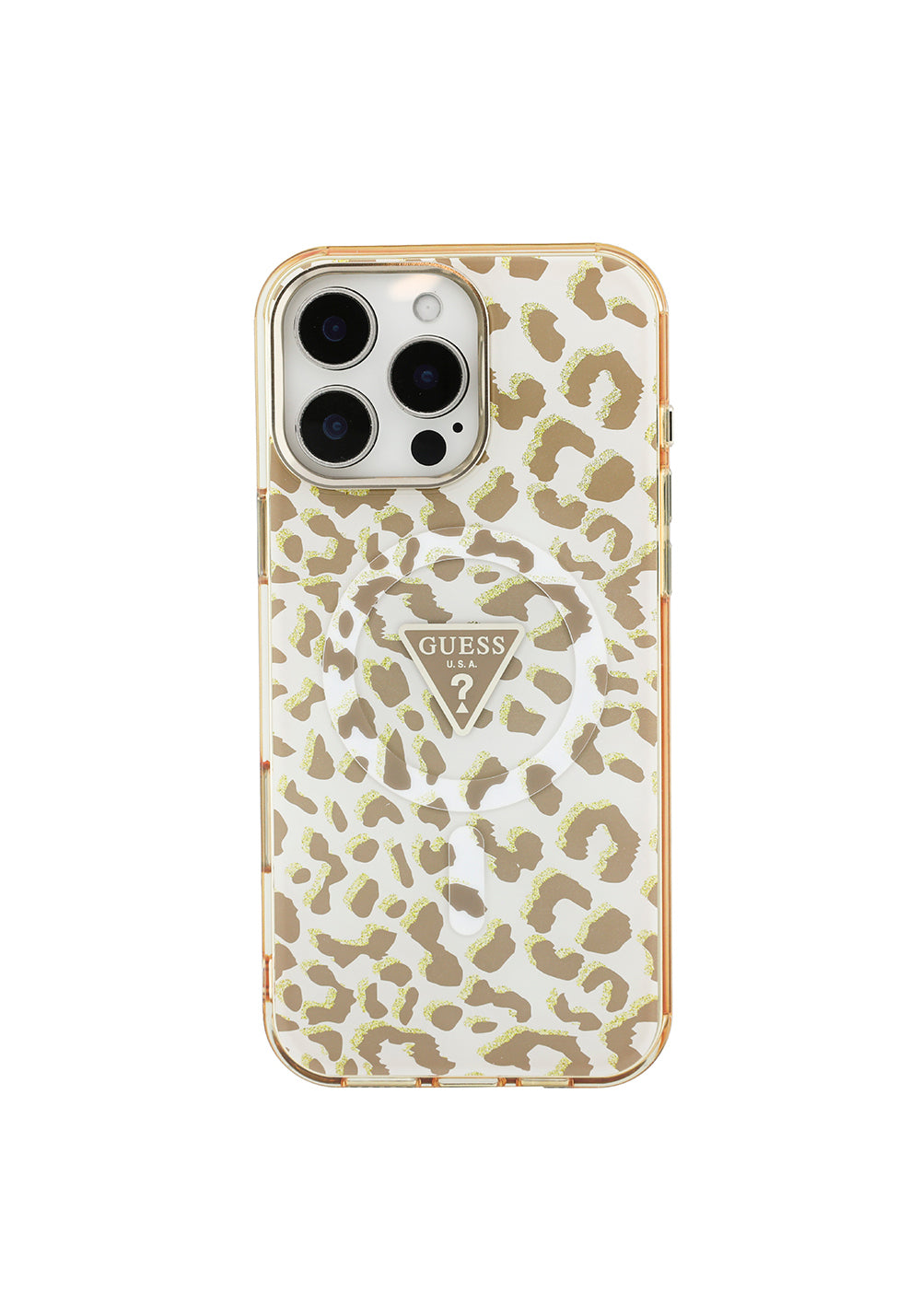 Apple iPhone 16 Pro Max Kılıf Guess Orijinal Lisanslı Manyetik Şarj Uyumlu Üçgen Logolu Simli Leopar Desenli Kapak