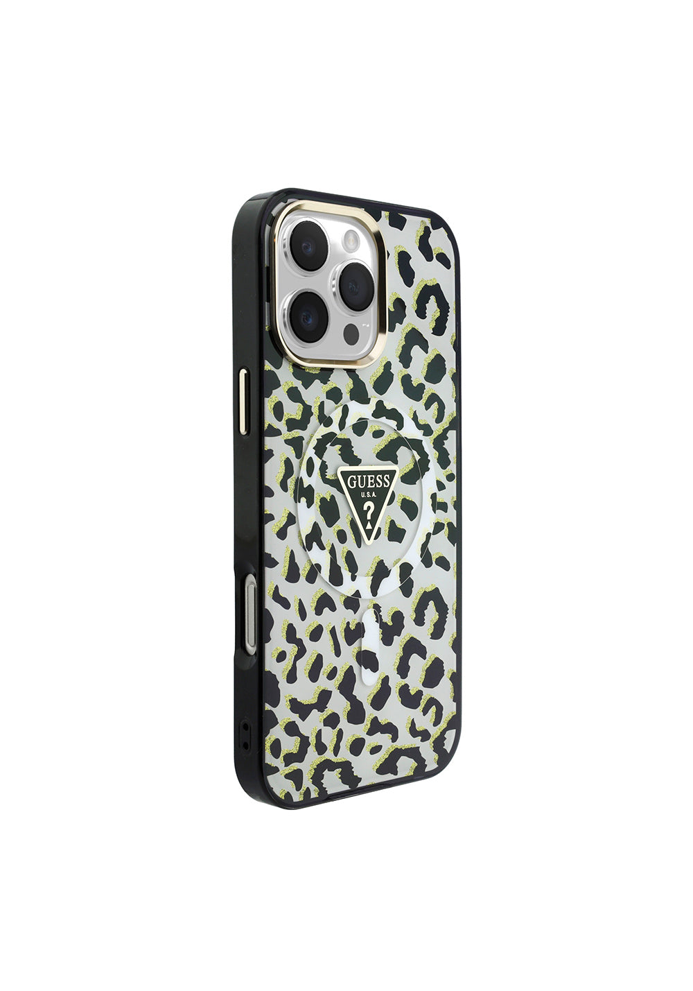 Apple iPhone 16 Pro Max Kılıf Guess Orijinal Lisanslı Manyetik Şarj Uyumlu Üçgen Logolu Simli Leopar Desenli Kapak