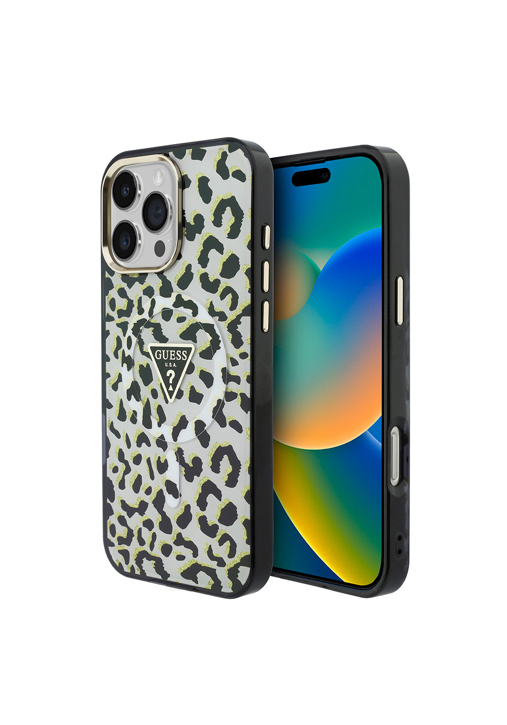 Apple iPhone 16 Pro Max Kılıf Guess Orijinal Lisanslı Manyetik Şarj Uyumlu Üçgen Logolu Simli Leopar Desenli Kapak