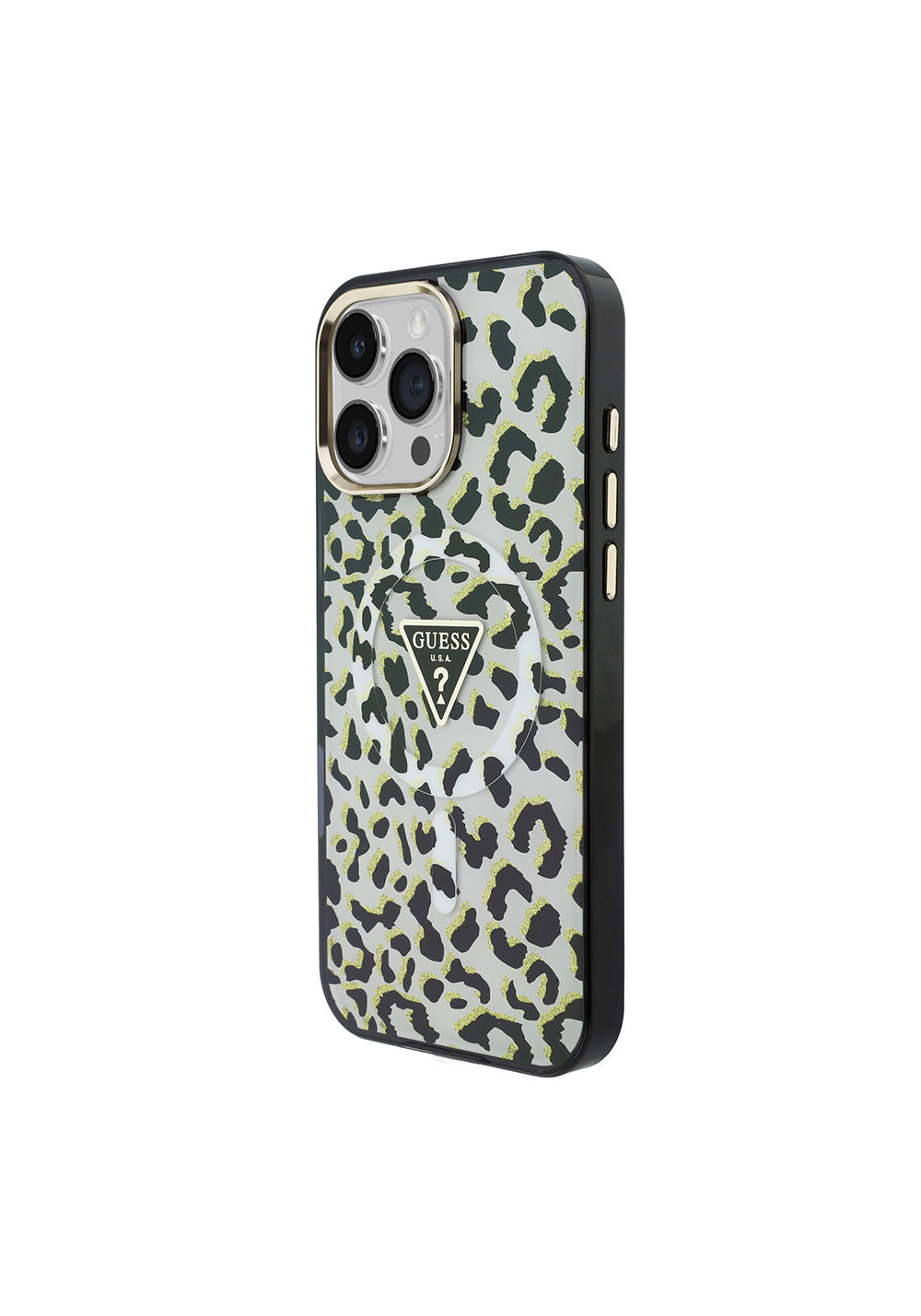 Apple iPhone 16 Pro Max Kılıf Guess Orijinal Lisanslı Manyetik Şarj Uyumlu Üçgen Logolu Simli Leopar Desenli Kapak