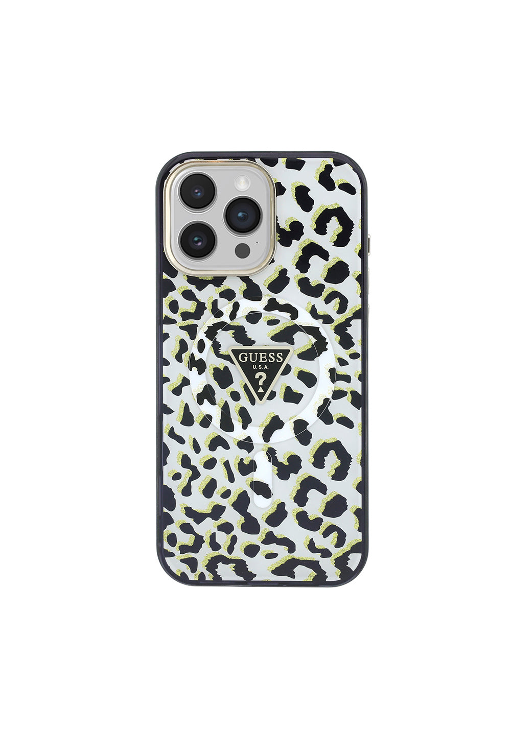 Apple iPhone 16 Pro Max Kılıf Guess Orijinal Lisanslı Manyetik Şarj Uyumlu Üçgen Logolu Simli Leopar Desenli Kapak