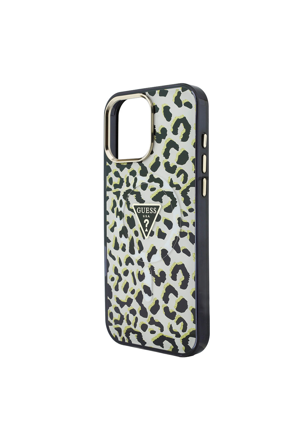 Apple iPhone 16 Pro Max Kılıf Guess Orijinal Lisanslı Manyetik Şarj Uyumlu Üçgen Logolu Simli Leopar Desenli Kapak