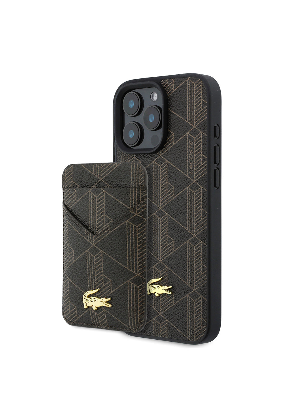 Apple iPhone 16 Pro Max Kılıf Lacoste Orijinal Lisanslı Manyetik Şarj Uyumlu PU Deri Tasarımlı Kartlıklı Karışık Monogram Desenli Kapak