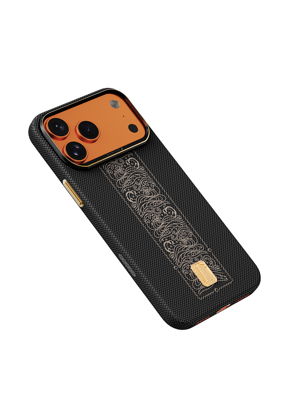 Apple iPhone 17 Pro Kılıf Manyetik Şarj Uyumlu Raptic Aramid Skin Rise Serisi 24 Ayar Altın Kaplamalı Karbon Kapak