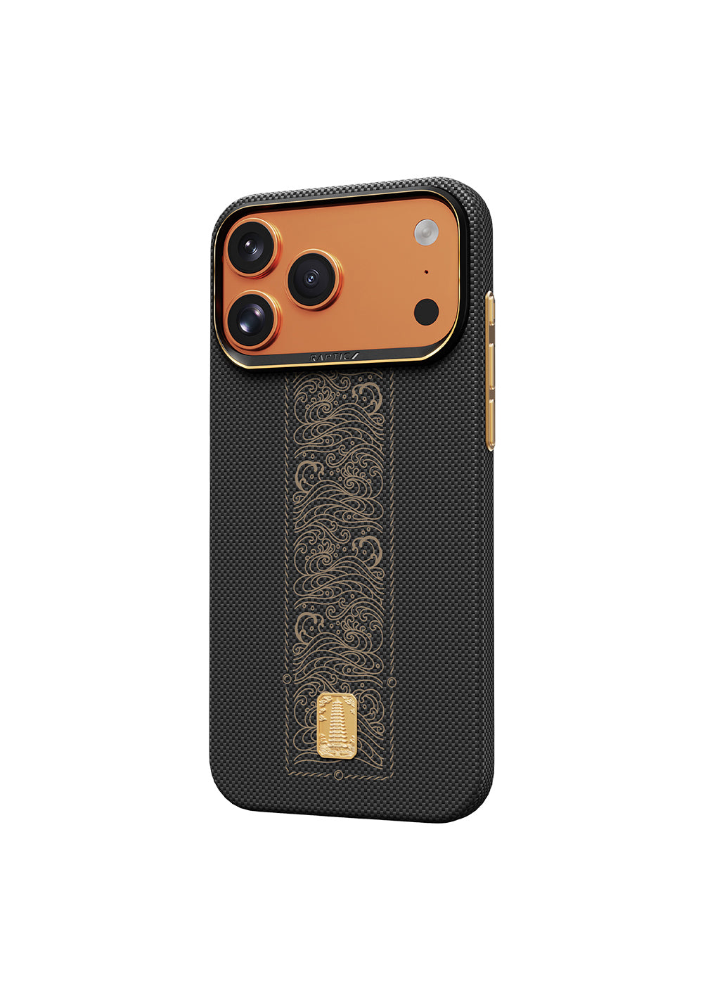 Apple iPhone 17 Pro Kılıf Manyetik Şarj Uyumlu Raptic Aramid Skin Rise Serisi 24 Ayar Altın Kaplamalı Karbon Kapak