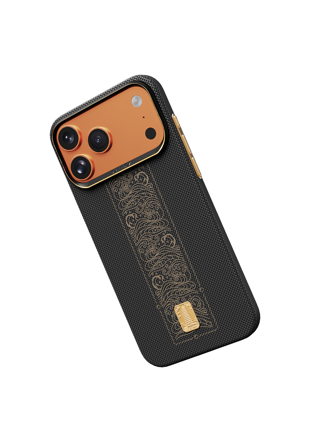 Apple iPhone 17 Pro Max Kılıf Manyetik Şarj Uyumlu Raptic Aramid Skin Rise Serisi 24 Ayar Altın Kaplamalı Karbon Kapak