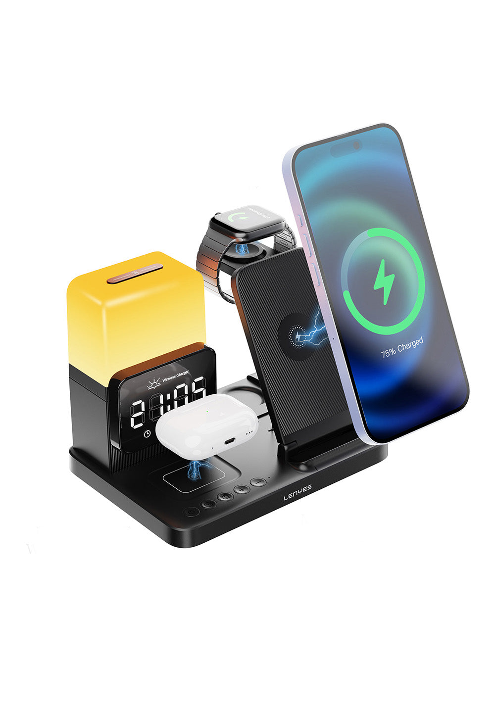 Lenyes PW327 Ambiyans Işıklı Alarm Özellikli Telefon&Akıllı Saat&Kulaklık 5in1 Kablosuz Şarj Standı 15W