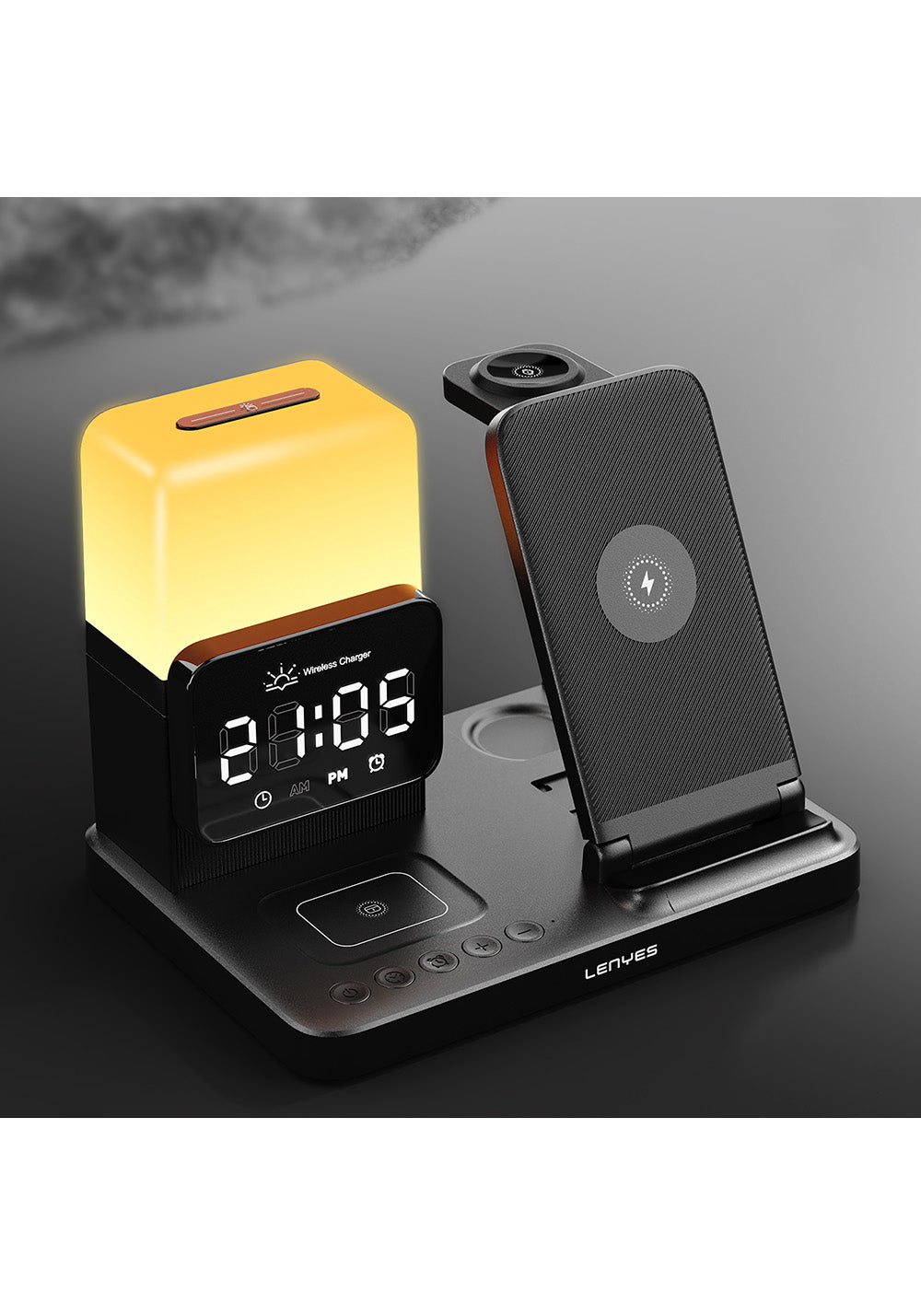 Lenyes PW327 Ambiyans Işıklı Alarm Özellikli Telefon&Akıllı Saat&Kulaklık 5in1 Kablosuz Şarj Standı 15W