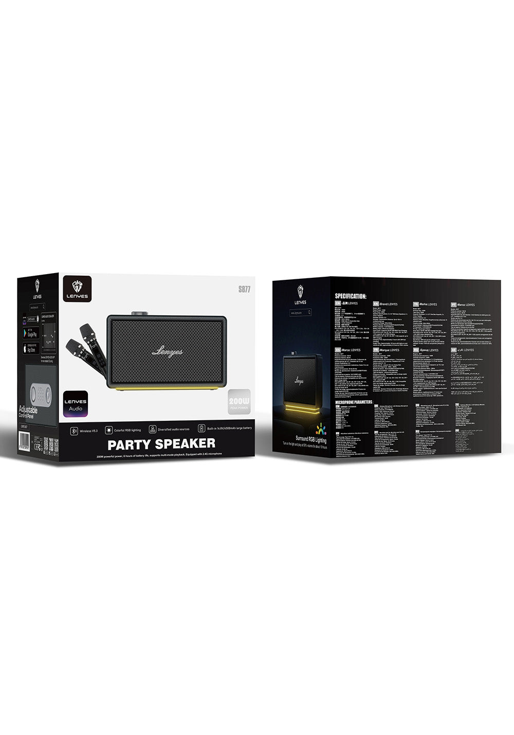 Lenyes S877 Serisi RGB Işıklı Taşınabilir Su Geçirmez Çift Mikrofonlu TWS Bluetooth Hoparlör Speaker v5.3 200W