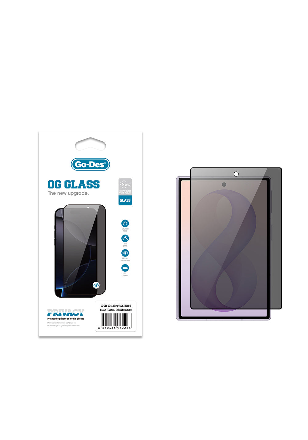 Galaxy Z Fold 8 Go Des OG Glass Privacy Antistatik Temperli Cam Ekran Koruyucu