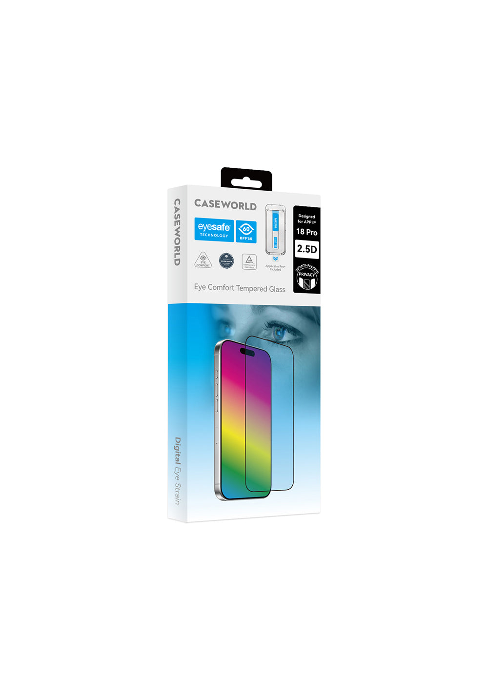 Apple iPhone 18 Pro Max CaseWorld Applicator Serisi 2.5D Eyesafe Mavi Işık Teknolojili 0.33mm Privacy Temperli Cam Ekran Koruyucu + Uygulama Aparatı