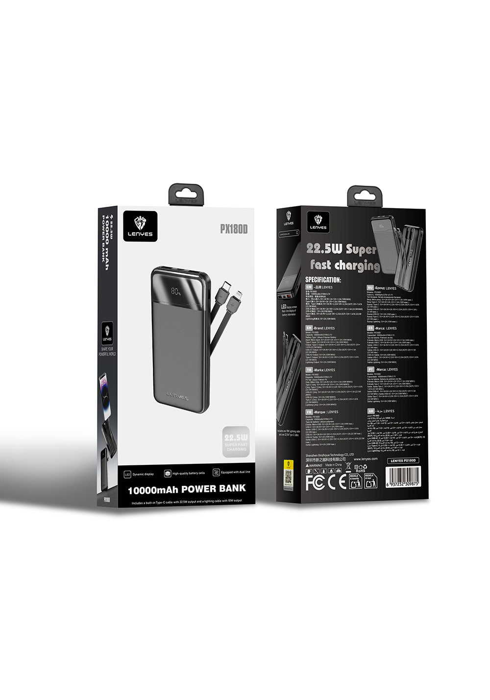 Lenyes PX180D Dijital LED Ekranlı Type-C ve Lightning Kablolu Powerbank 22.5W 10.000mAh