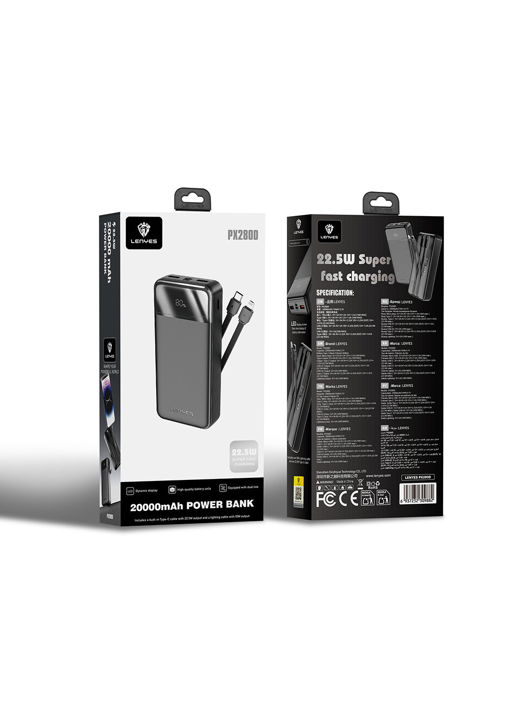 Lenyes PX280D Dijital LED Ekranlı Type-C ve Lightning Kablolu Powerbank 22.5W 20.000mAh