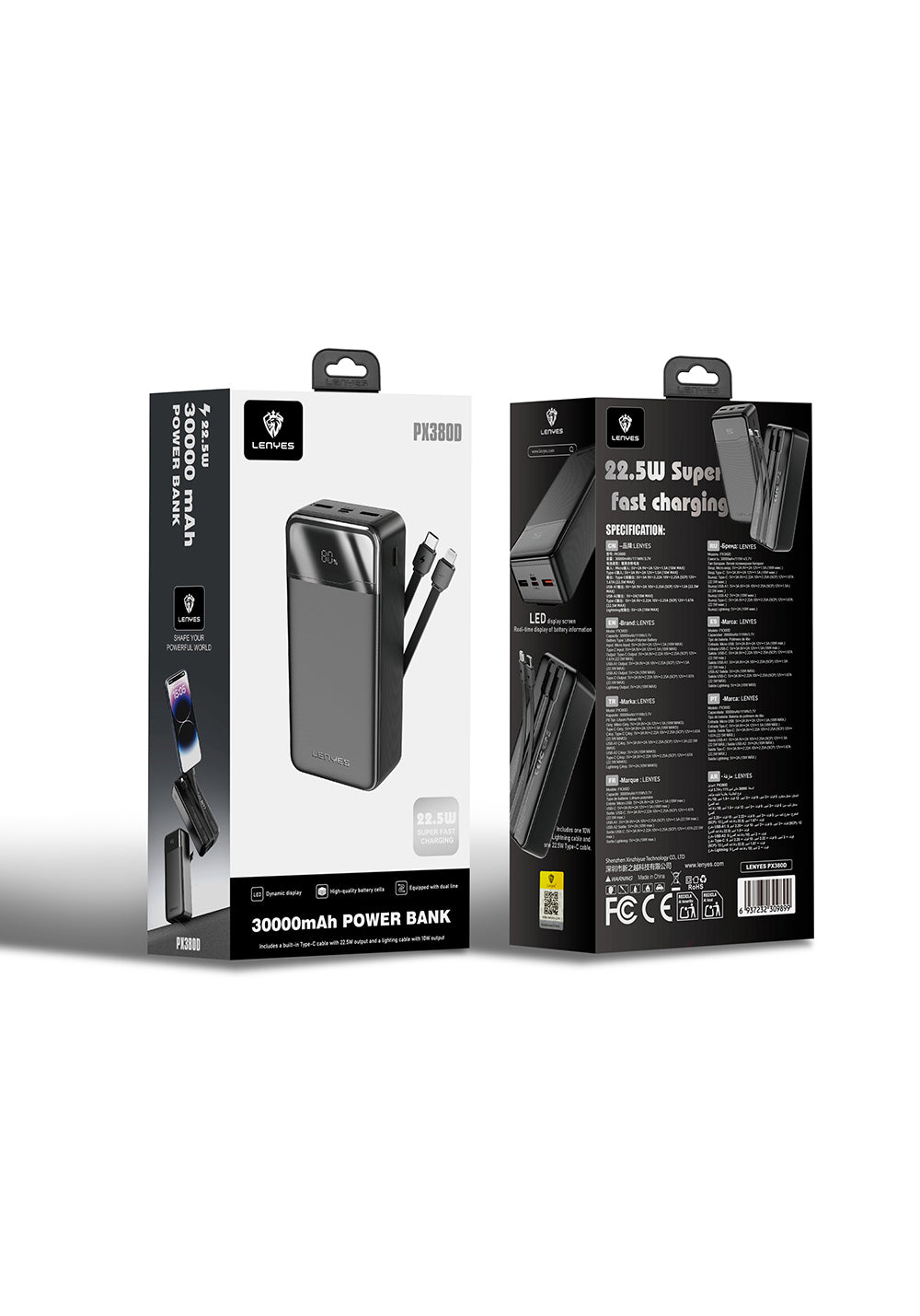 Lenyes PX380D Dijital LED Ekranlı Type-C ve Lightning Kablolu Powerbank 22.5W 30.000mAh