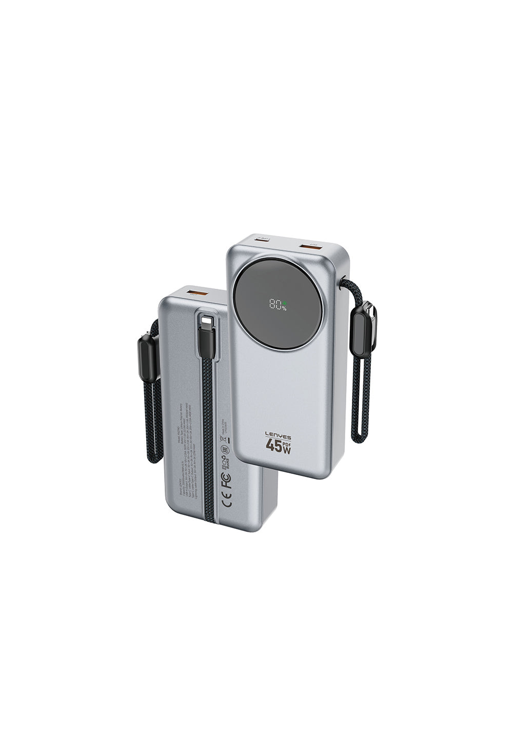 Lenyes PX279D Dijital LED Ekranlı Type-C ve Lightning Kablolu Powerbank 45W 20.000mAh