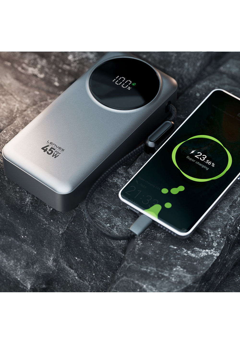 Lenyes PX279D Dijital LED Ekranlı Type-C ve Lightning Kablolu Powerbank 45W 20.000mAh