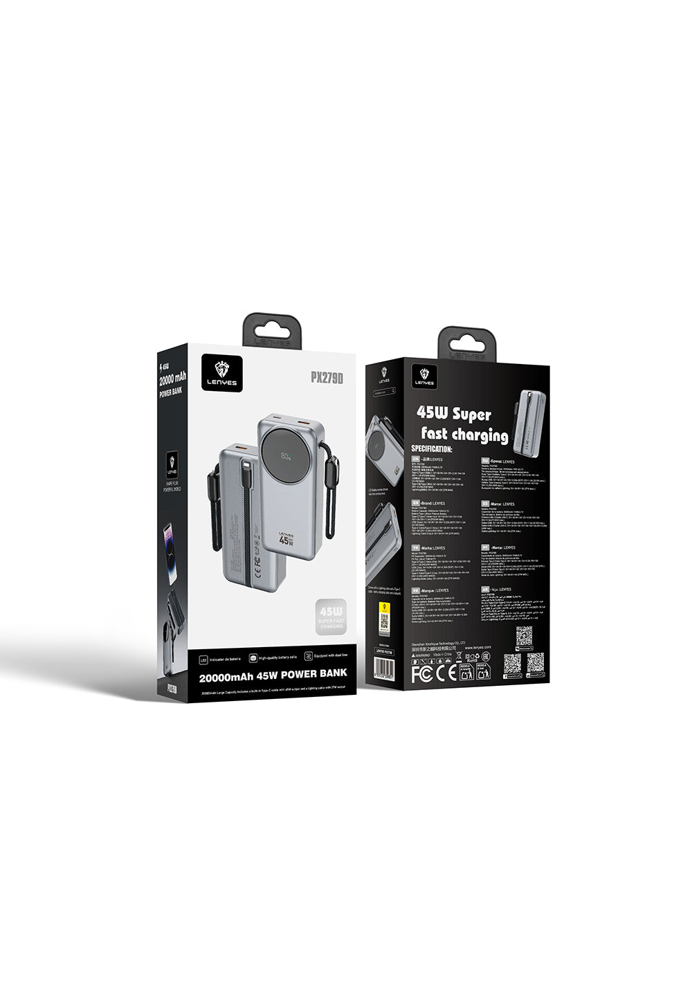 Lenyes PX279D Dijital LED Ekranlı Type-C ve Lightning Kablolu Powerbank 45W 20.000mAh