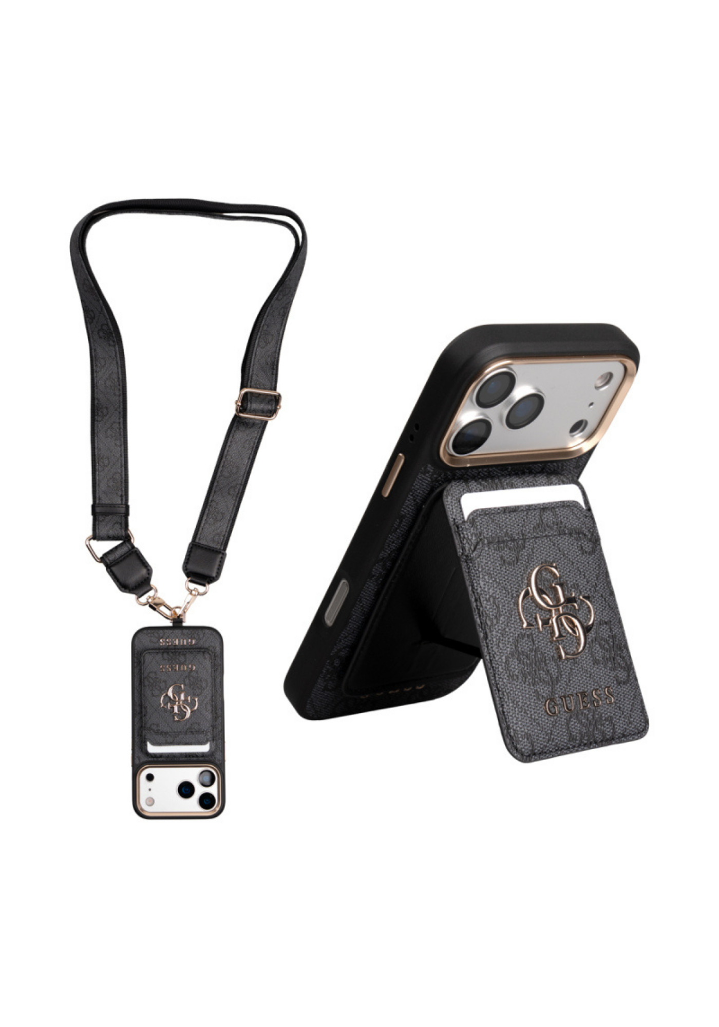 Guess 4G iPhone 17 Pro M-Safe Uyumlu Kartlıklı ve Askılı Kılıf – Siyah
