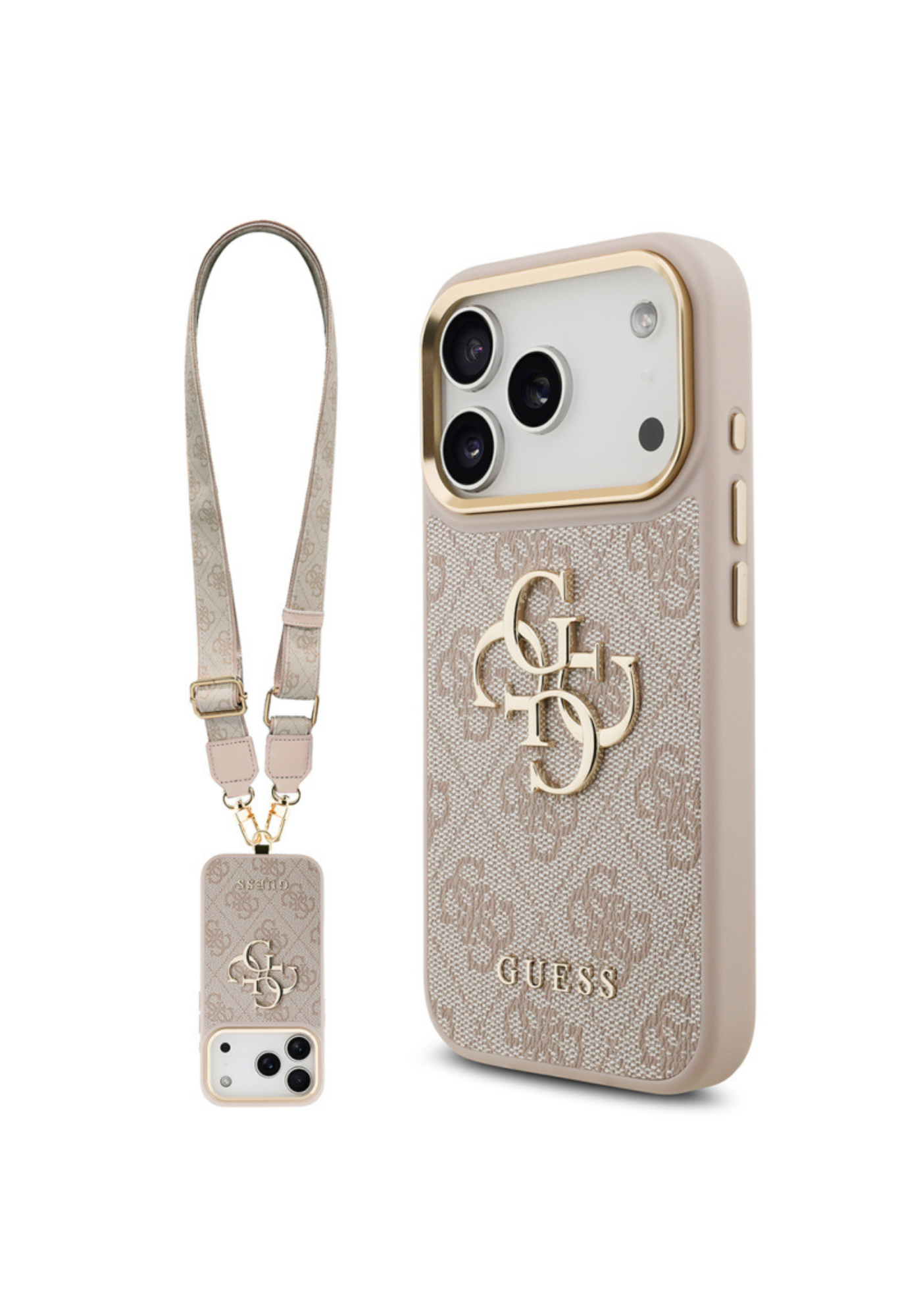 Guess 4G Büyük Metal Logolu iPhone 17 Pro Kalın Askılı Kılıf – Bej