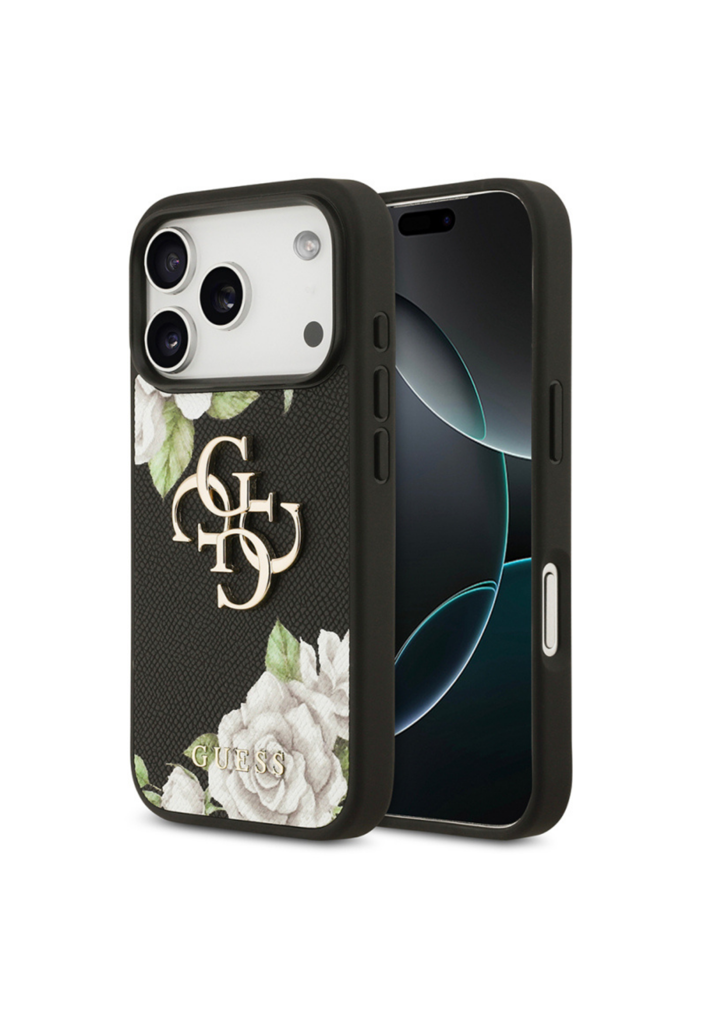 Guess Gül Baskılı Büyük Metal Logolu Apple iPhone 17 Pro Kılıf – Siyah