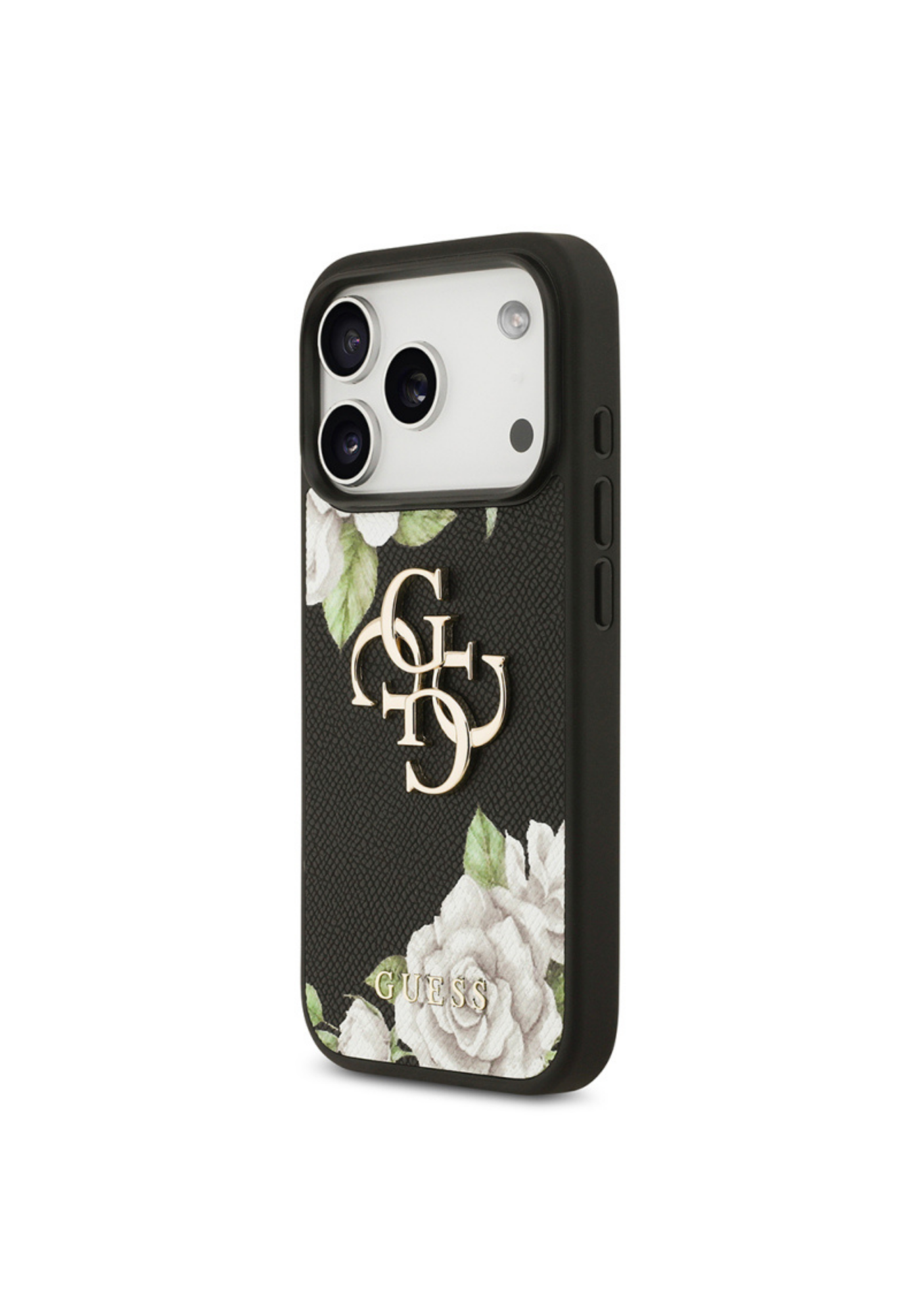Guess Gül Baskılı Büyük Metal Logolu Apple iPhone 17 Pro Kılıf – Siyah