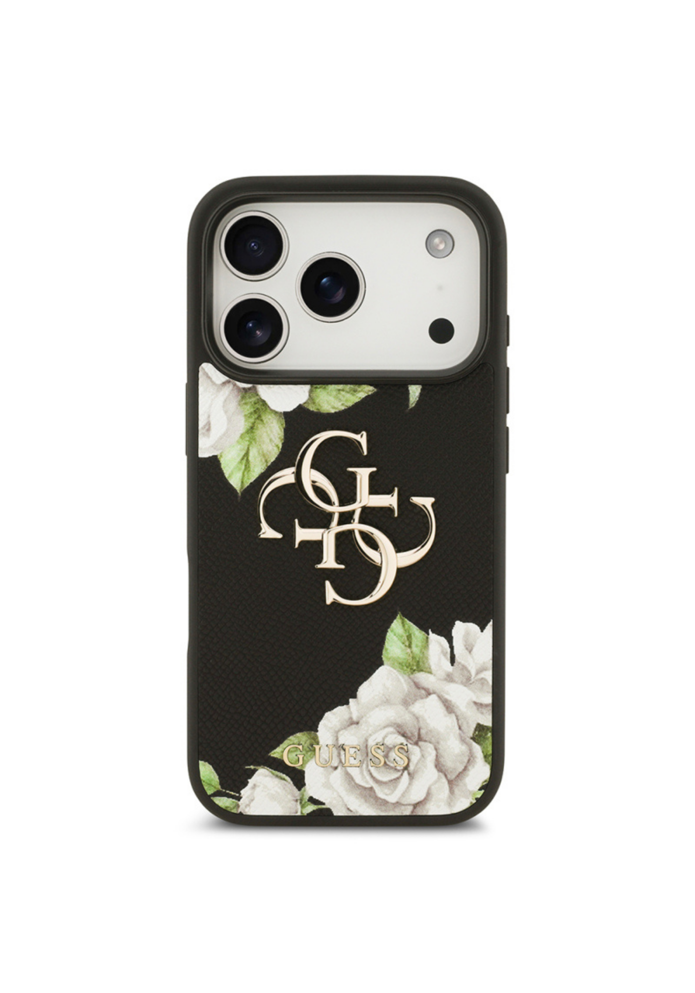 Guess Gül Baskılı Büyük Metal Logolu Apple iPhone 17 Pro Kılıf – Siyah
