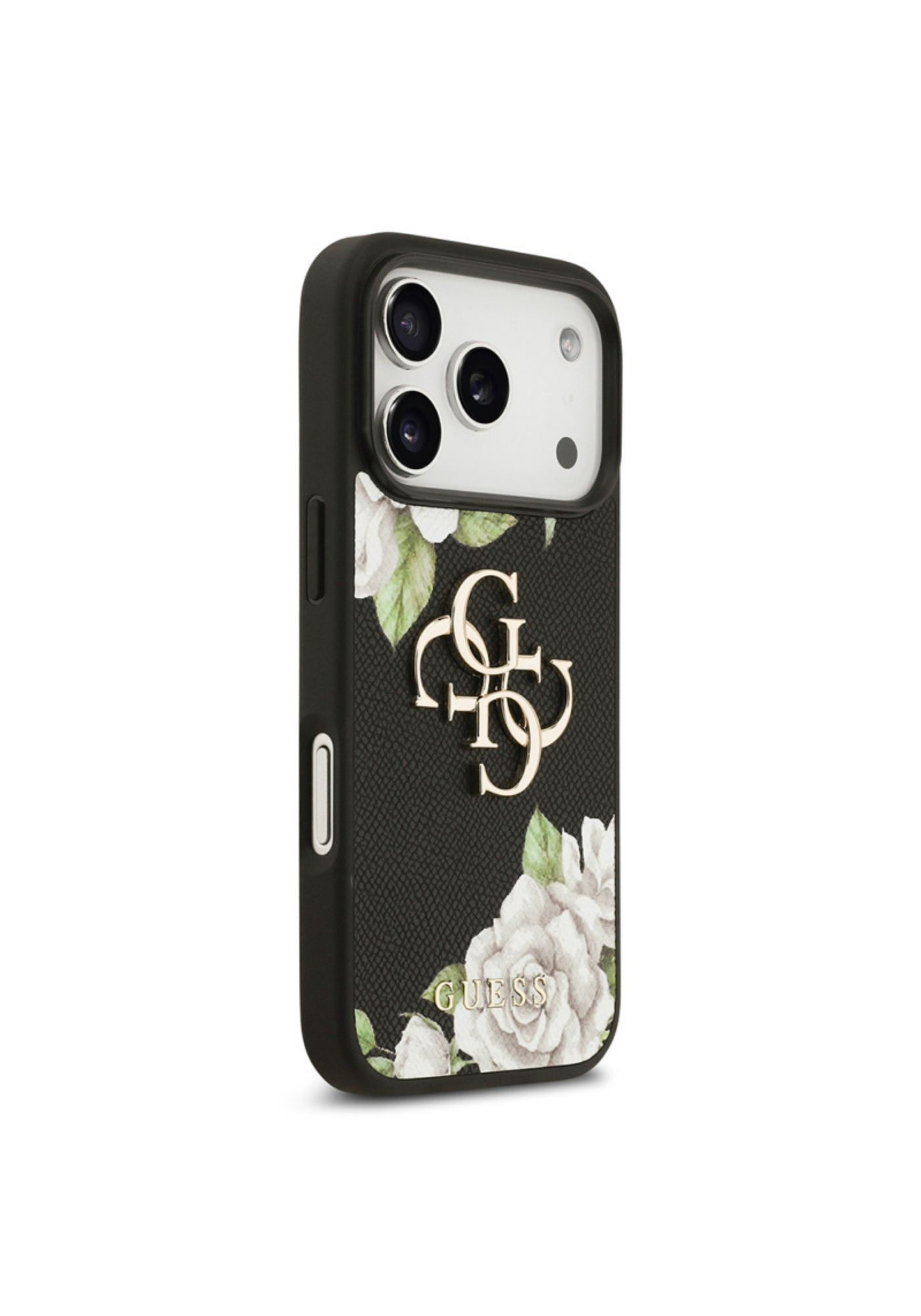 Guess Gül Baskılı Büyük Metal Logolu Apple iPhone 17 Pro Kılıf – Siyah