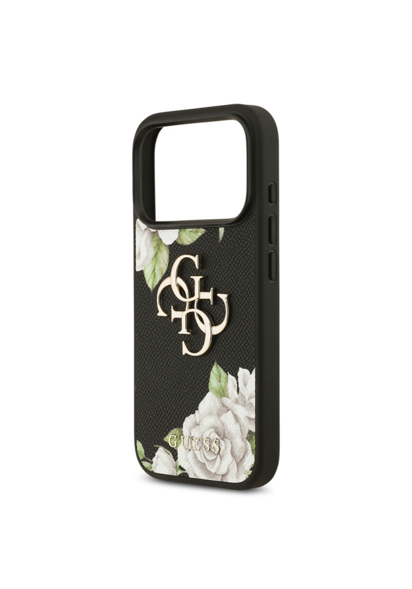 Guess Gül Baskılı Büyük Metal Logolu Apple iPhone 17 Pro Kılıf – Siyah