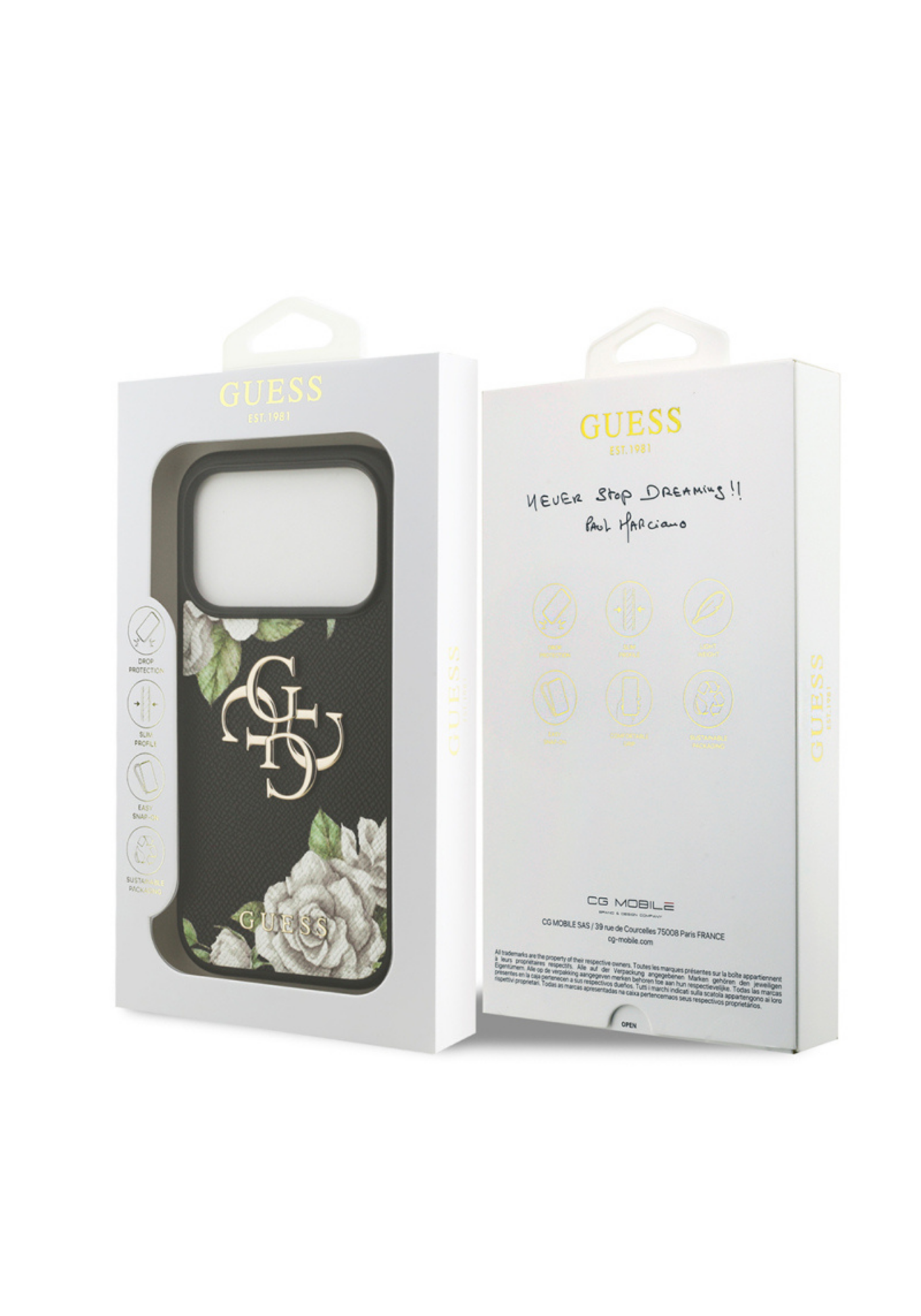 Guess Gül Baskılı Büyük Metal Logolu Apple iPhone 17 Pro Kılıf – Siyah