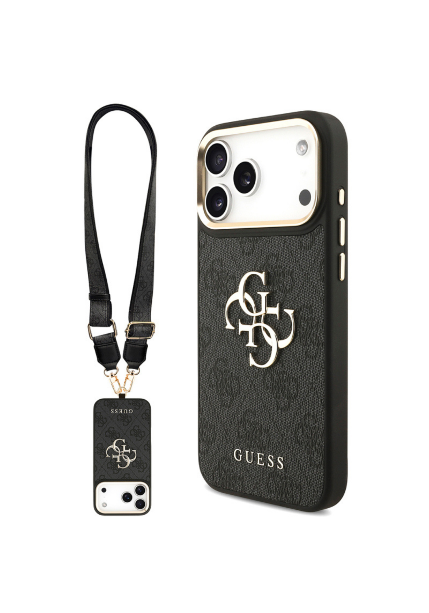 Guess 4G Büyük Metal Logolu iPhone 17 Pro Max Kalın Askılı Kılıf – Siyah