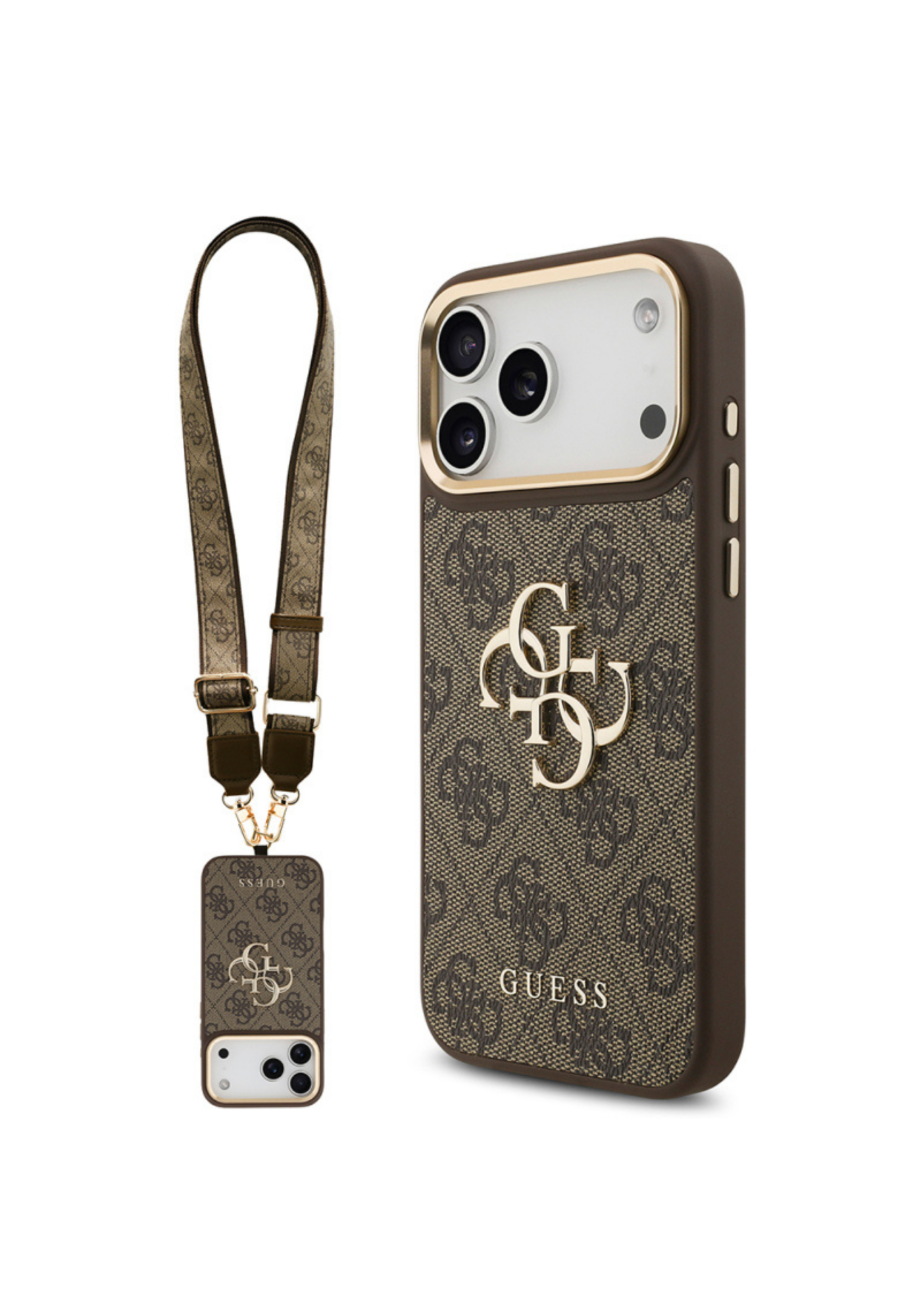 Guess 4G Büyük Metal Logolu iPhone 17 Pro Kalın Askılı Kılıf – Kahverengi