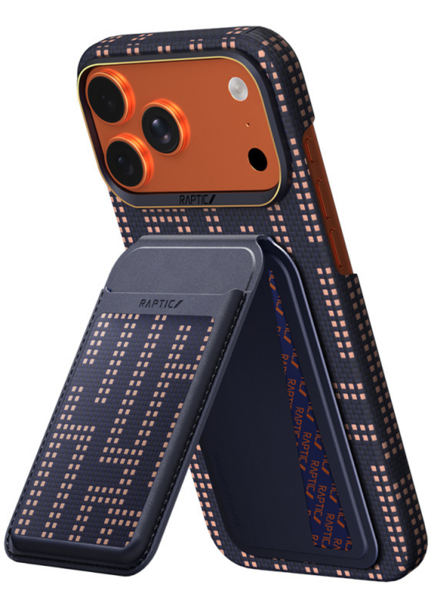 Raptic Aramid Skin iPhone 17 Pro Max Kılıf ve Cüzdan Stand Seti – Grid Wisdom