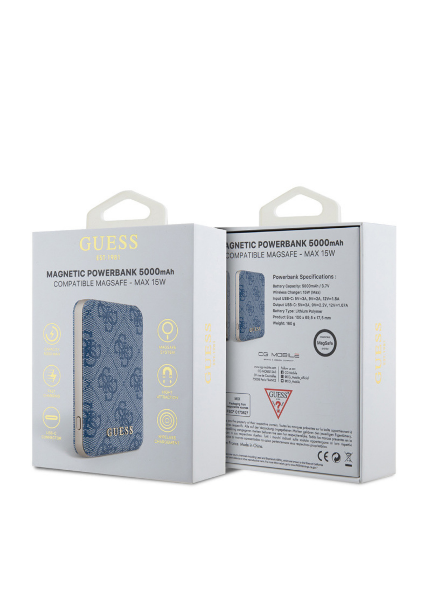 Guess 4G Desenli 15W 5000mAh Dijital Göstergeli Powerbank – Mavi