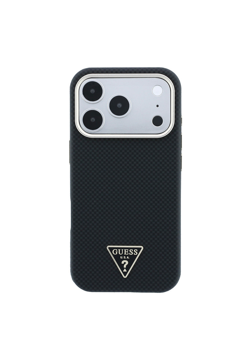 Guess PU Metal Üçgen Logolu Karbon Fiber Kevlar – iPhone 18 Pro Kılıfı