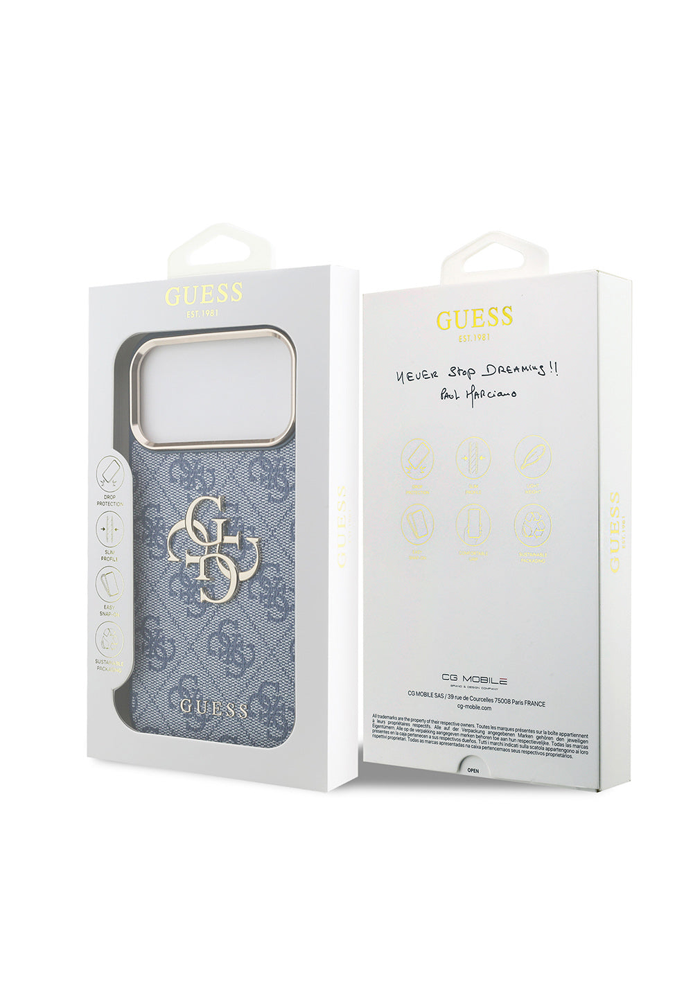 Guess Gold Metal Kamera Çerçeveli 4G Desenli Metal Büyük 4G ve Yazı Logolu – iPhone 18 Pro Max Kılıfı