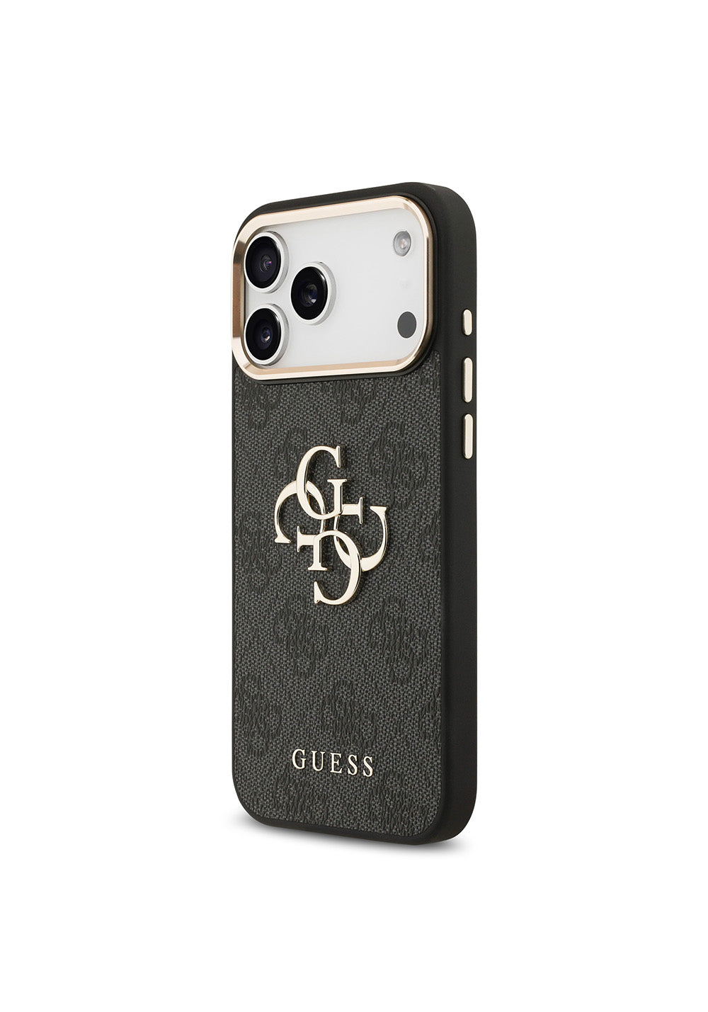 Guess Gold Metal Kamera Çerçeveli 4G Desenli Metal Büyük 4G ve Yazı Logolu – iPhone 18 Pro Max Kılıfı