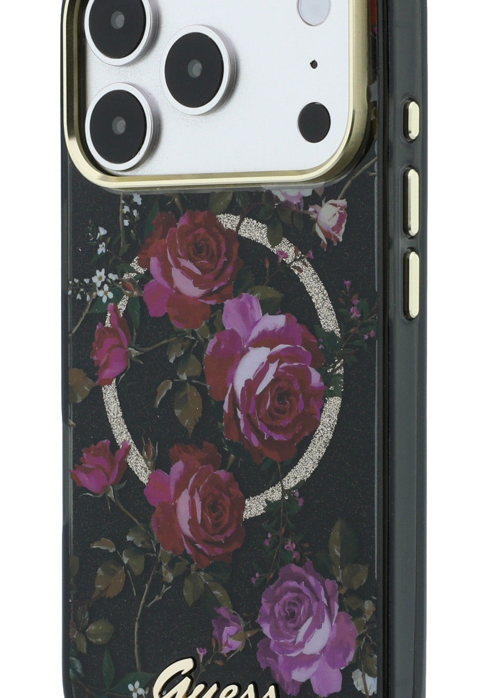 Guess Gül Desenli Simli Yazı Logolu – iPhone 18 Pro Kılıfı