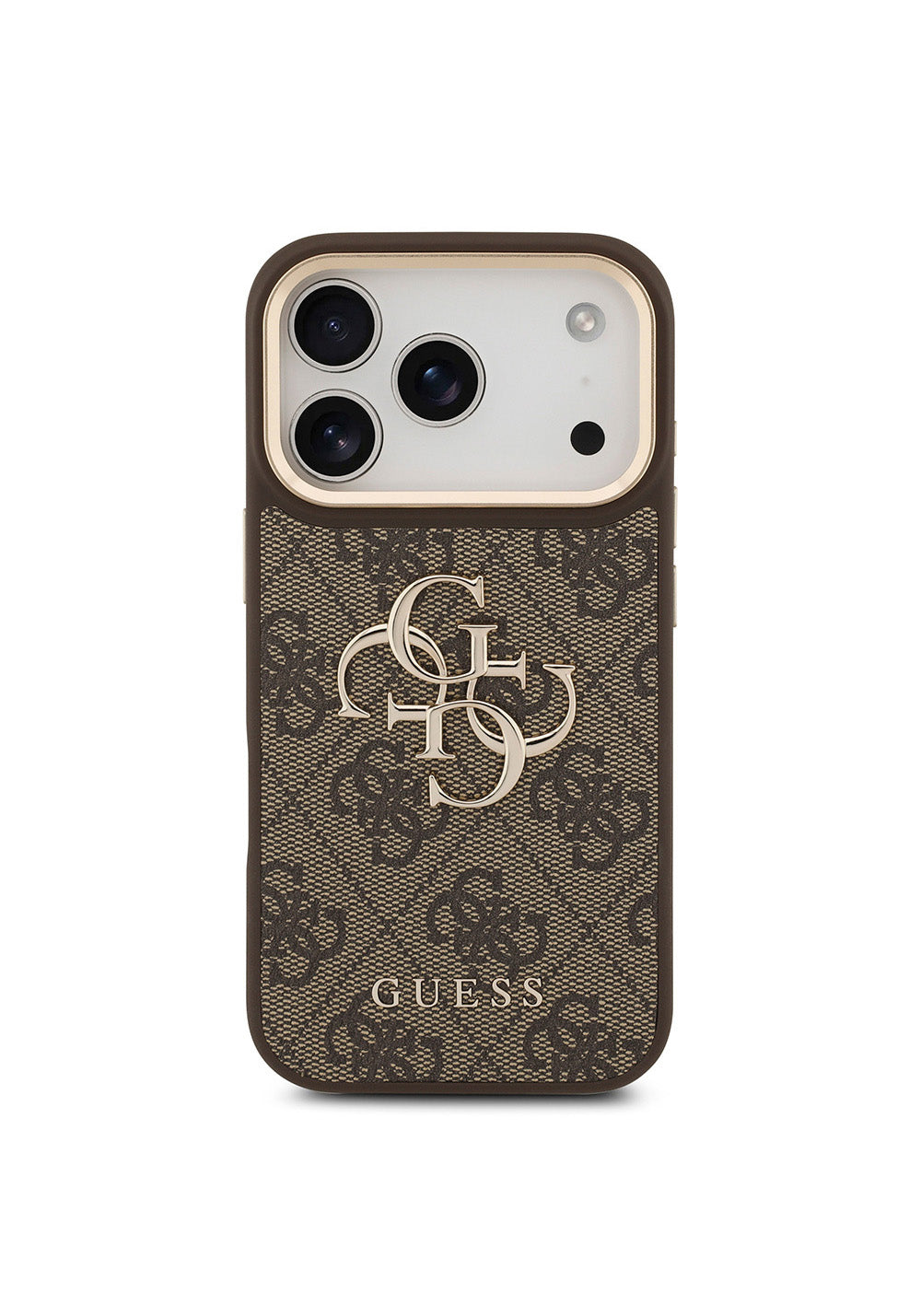 Guess Gold Metal Kamera Çerçeveli 4G Desenli Metal Büyük 4G ve Yazı Logolu – iPhone 18 Pro Kılıfı