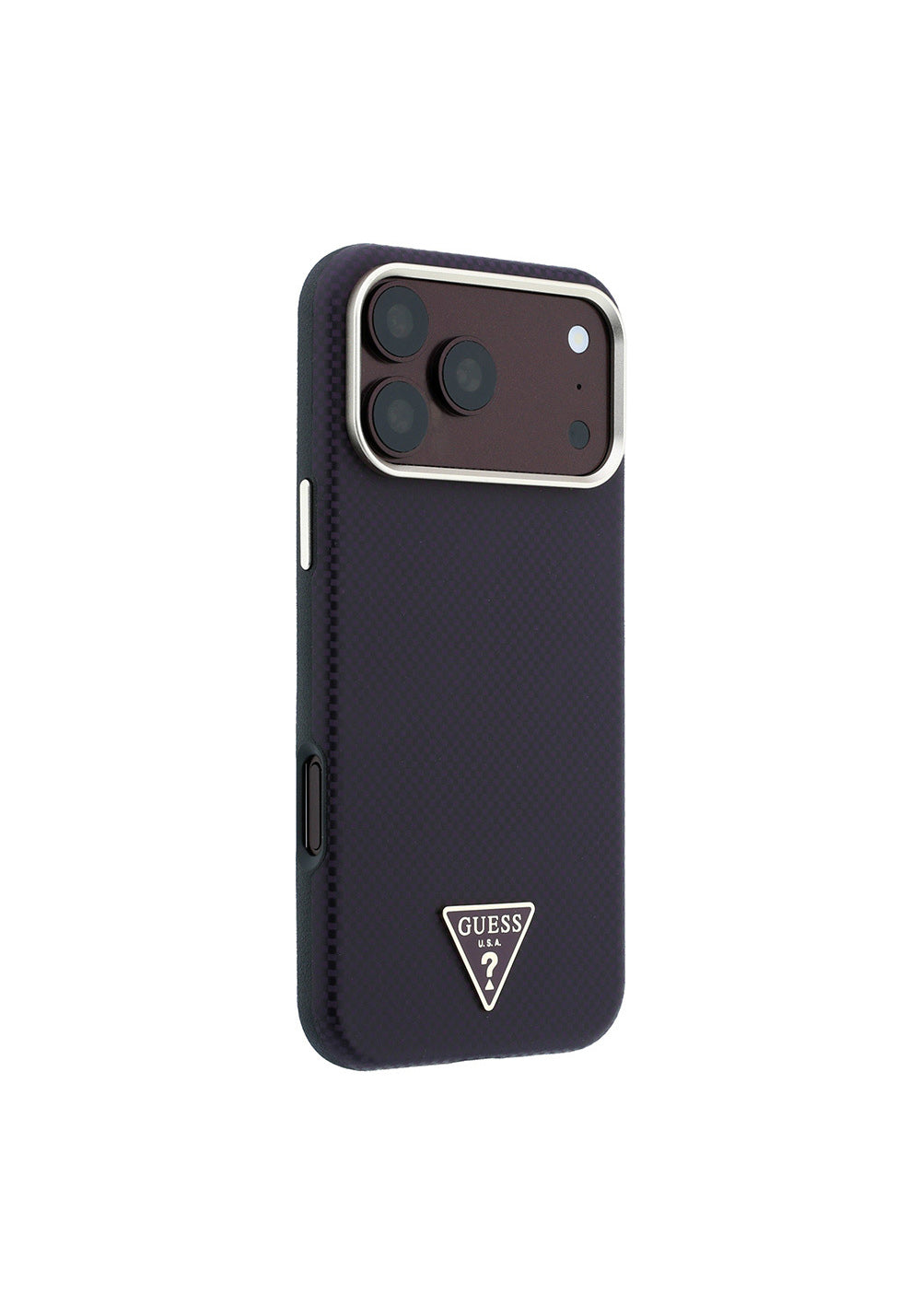 Guess PU Metal Üçgen Logolu Karbon Fiber Kevlar – iPhone 18 Pro Kılıfı