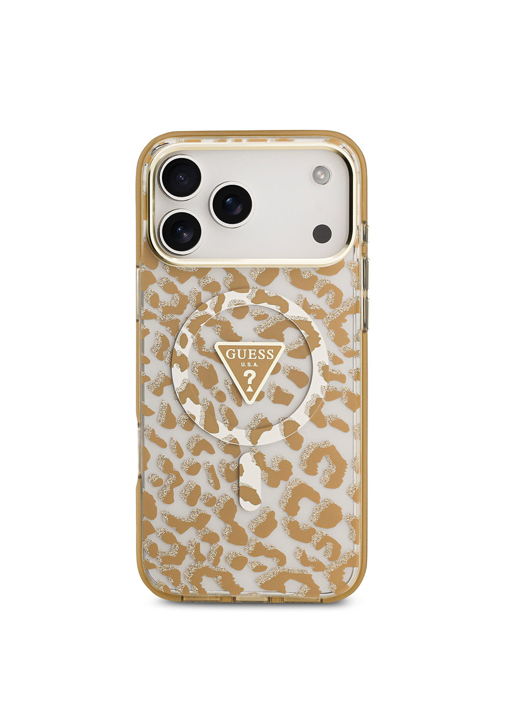 Guess Üçgen Logolu Simli Leopar Desenli – iPhone 18 Pro Max Kılıfı