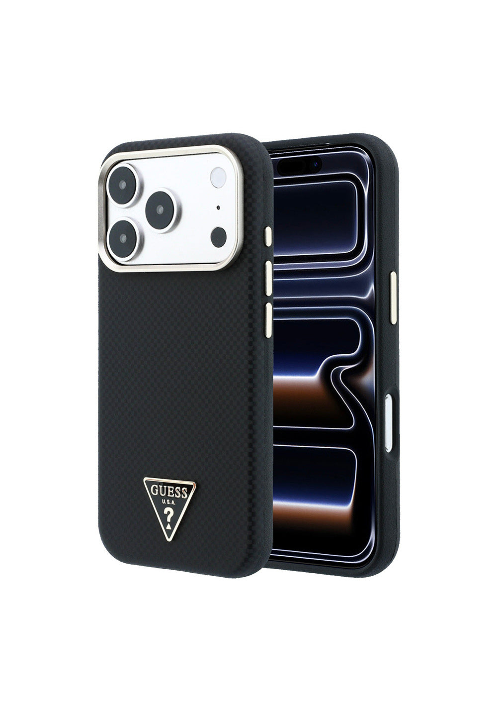 Guess PU Metal Üçgen Logolu Karbon Fiber Kevlar – iPhone 18 Pro Kılıfı