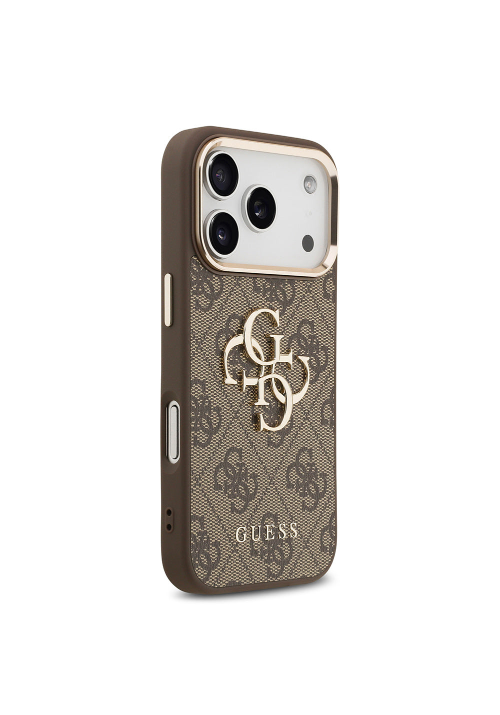 Guess Gold Metal Kamera Çerçeveli 4G Desenli Metal Büyük 4G ve Yazı Logolu – iPhone 18 Pro Max Kılıfı