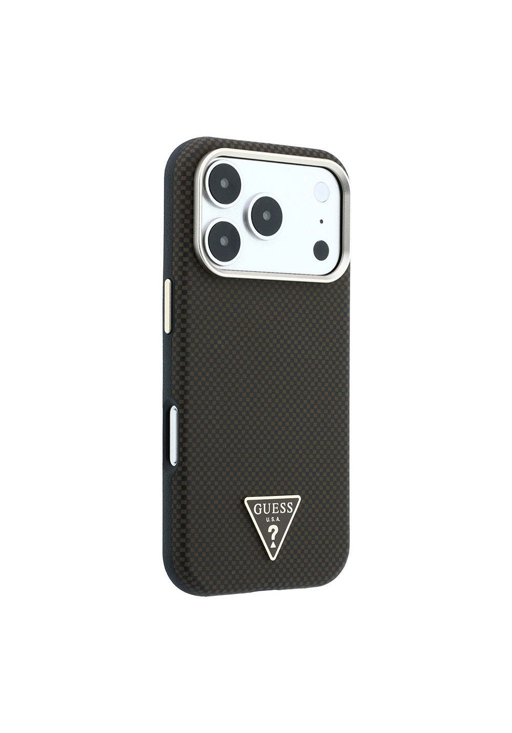 Guess PU Metal Üçgen Logolu Karbon Fiber Kevlar – iPhone 18 Pro Kılıfı