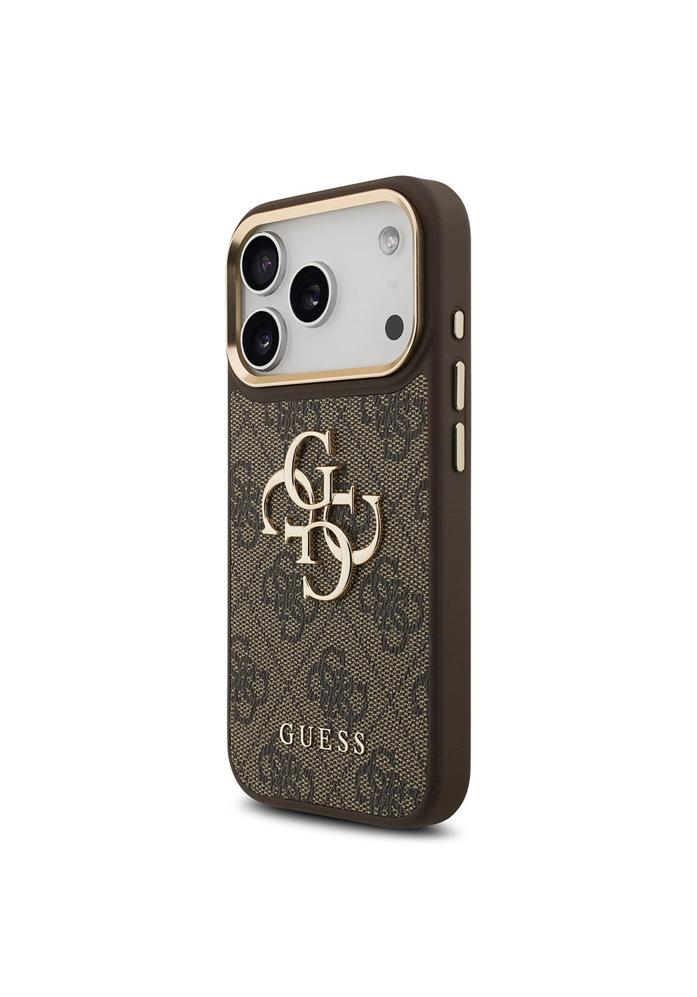 Guess Gold Metal Kamera Çerçeveli 4G Desenli Metal Büyük 4G ve Yazı Logolu – iPhone 18 Pro Kılıfı