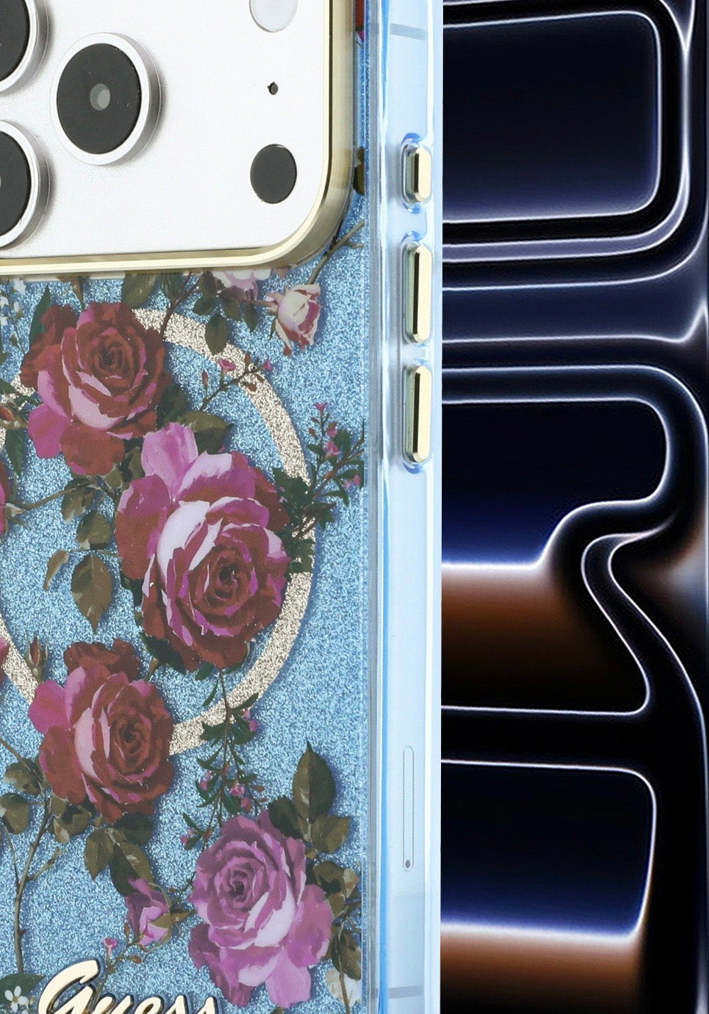 Guess Gül Desenli Simli Yazı Logolu – iPhone 18 Pro Kılıfı