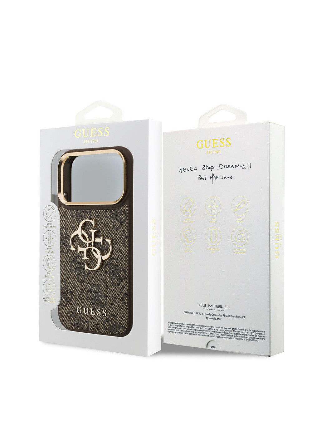 Guess Gold Metal Kamera Çerçeveli 4G Desenli Metal Büyük 4G ve Yazı Logolu – iPhone 18 Pro Kılıfı